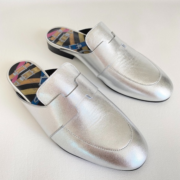 HERMES H CATENA SILVER LEATHER MULES FLIP FLOPS SHOES FLAT SLIDES 35.5 - Picture 4 of 16